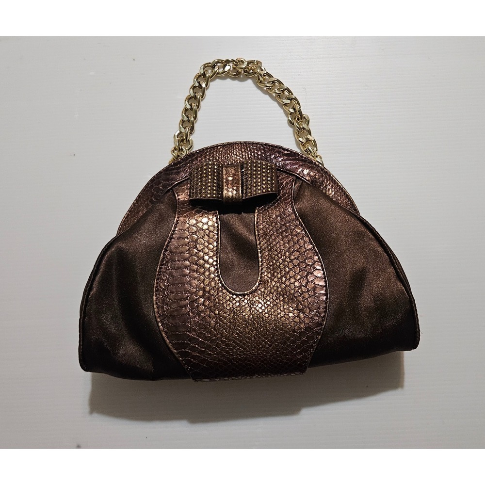 Bronze Snake print Embossed Satin Evening Clutch Bag Gold Chain Handle Brown Bow